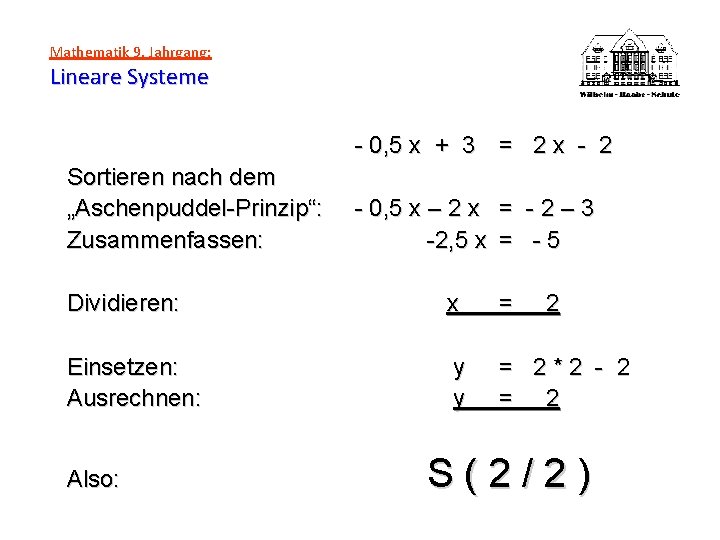 Mathematik 9. Jahrgang: Lineare Systeme - 0, 5 x + 3 = 2 x