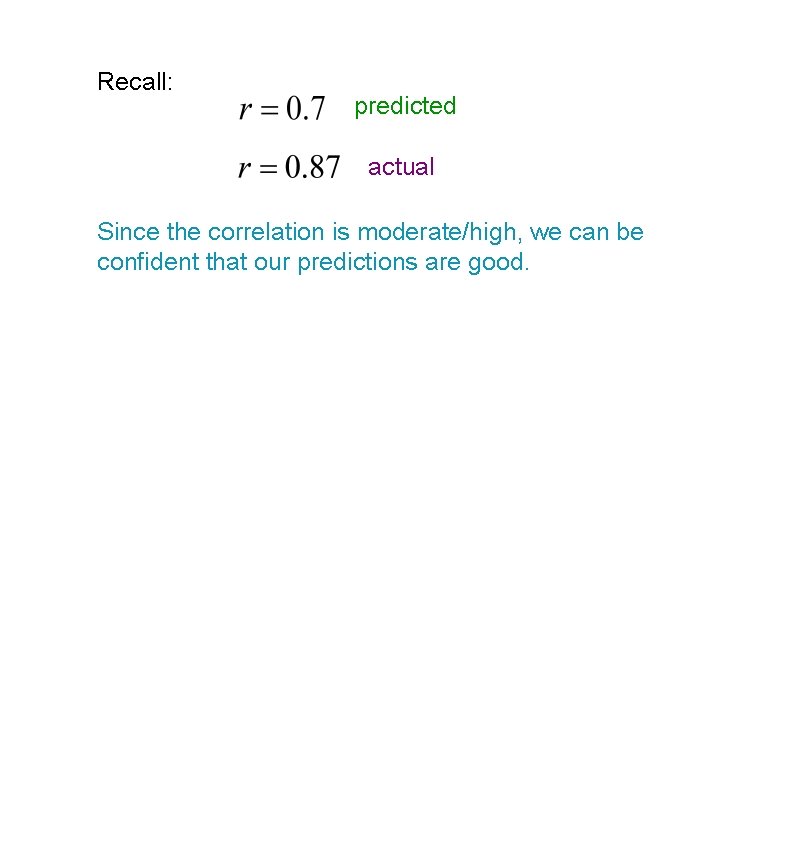 Recall: predicted actual Since the correlation is moderate/high, we can be confident that our Recall: predicted actual Since the correlation is moderate/high, we can be confident that our