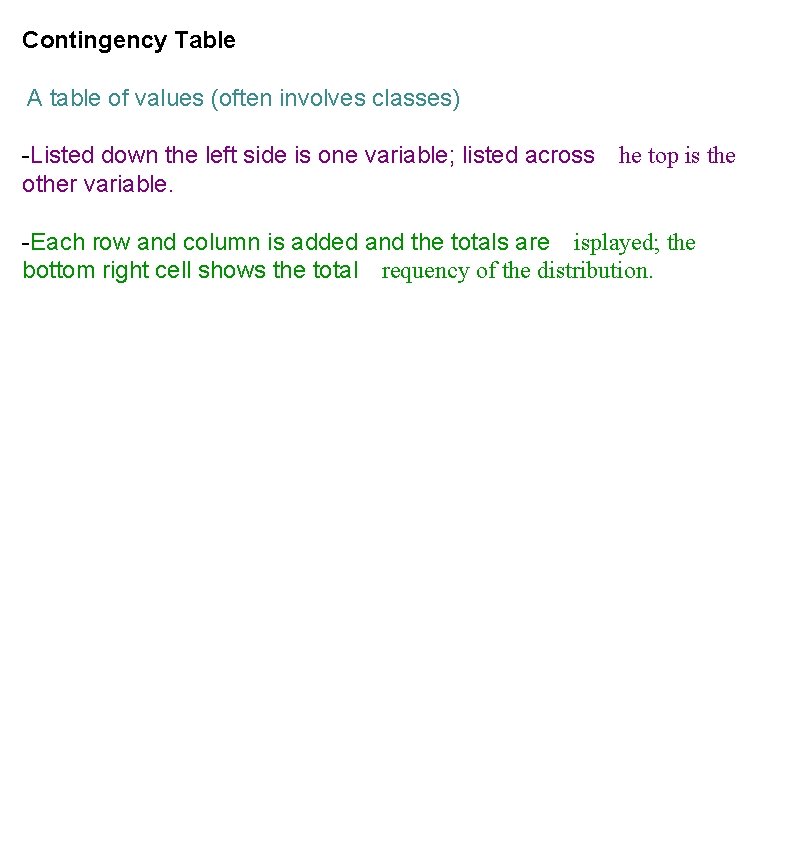 Contingency Table A table of values (often involves classes) -Listed down the left side Contingency Table A table of values (often involves classes) -Listed down the left side