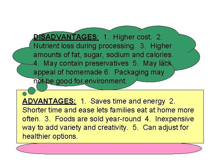 DISADVANTAGES: 1. Higher cost. 2. Nutrient loss during processing. 3. Higher amounts of fat,