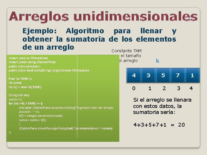 Ejemplo: Algoritmo para llenar y obtener la sumatoria de los elementos de un arreglo