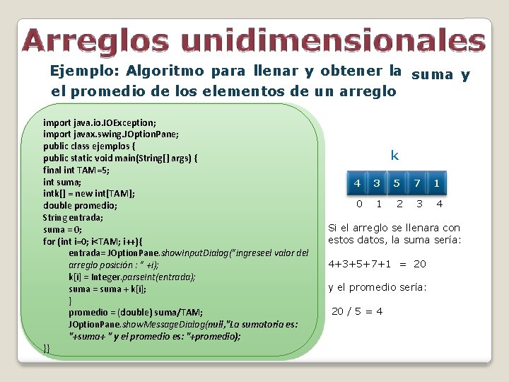 Ejemplo: Algoritmo para llenar y obtener la suma y el promedio de los elementos