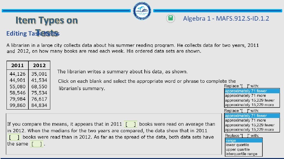 Item Types on Editing Task Items Tests Algebra 1 - MAFS. 912. S-ID. 1.