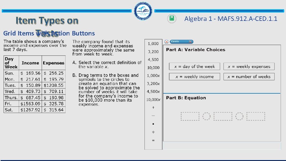 Item Types on Grid Items Tests with Action Buttons Algebra 1 - MAFS. 912.