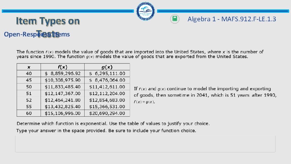 Item Types on Open-Response Items Tests Algebra 1 - MAFS. 912. F-LE. 1. 3