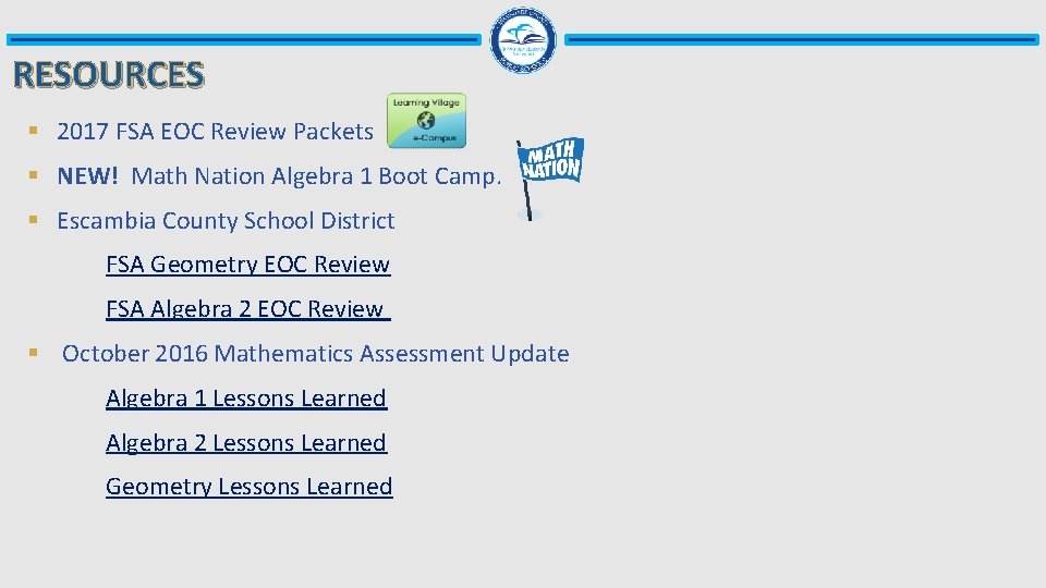 RESOURCES § 2017 FSA EOC Review Packets § NEW! Math Nation Algebra 1 Boot