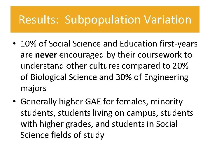 Results: Subpopulation Variation • 10% of Social Science and Education first-years are never encouraged
