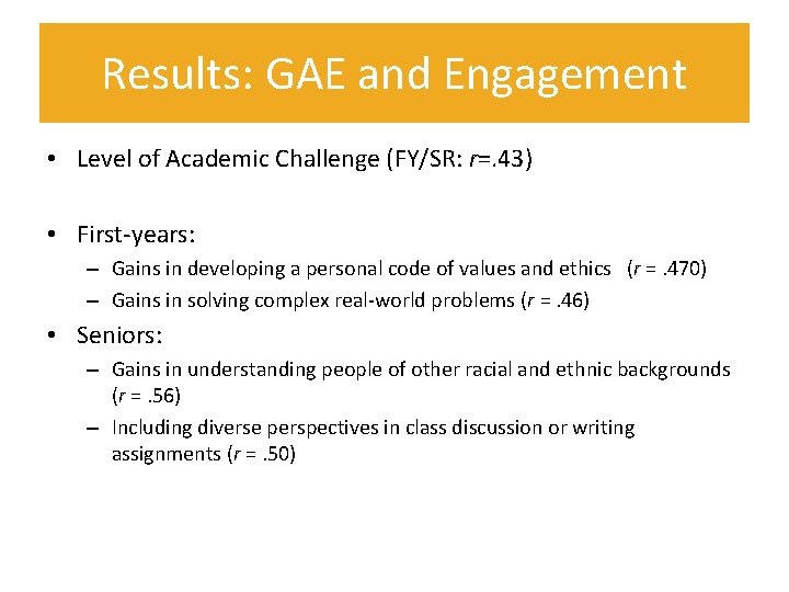 Results: GAE and Engagement • Level of Academic Challenge (FY/SR: r=. 43) • First-years: