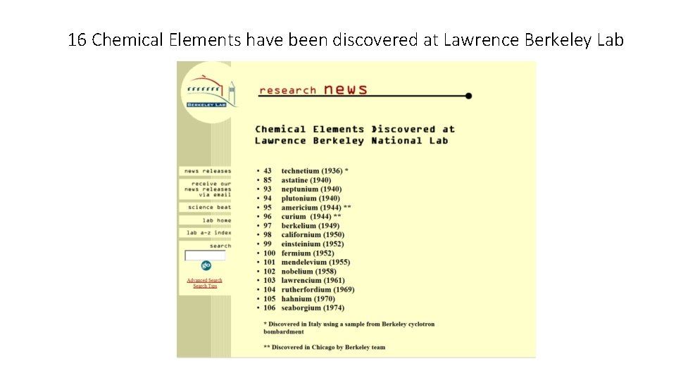 16 Chemical Elements have been discovered at Lawrence Berkeley Lab 