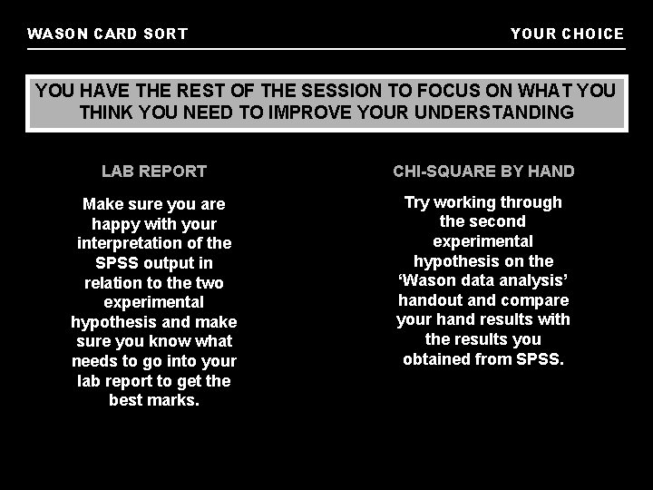 WASON CARD SORT YOUR CHOICE YOU HAVE THE REST OF THE SESSION TO FOCUS