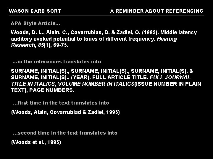 WASON CARD SORT A REMINDER ABOUT REFERENCING APA Style Article… Woods, D. L. ,