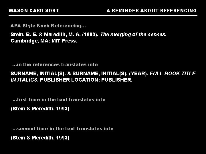 WASON CARD SORT A REMINDER ABOUT REFERENCING APA Style Book Referencing… Stein, B. E.