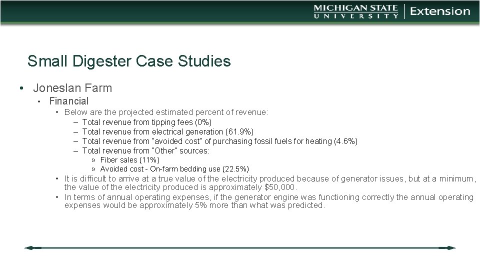 Small Digester Case Studies • Joneslan Farm • Financial • Below are the projected