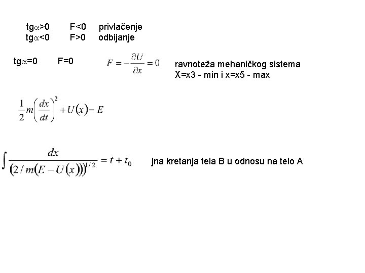 tg >0 tg <0 tg =0 F<0 F>0 F=0 privlačenje odbijanje ravnoteža mehaničkog sistema