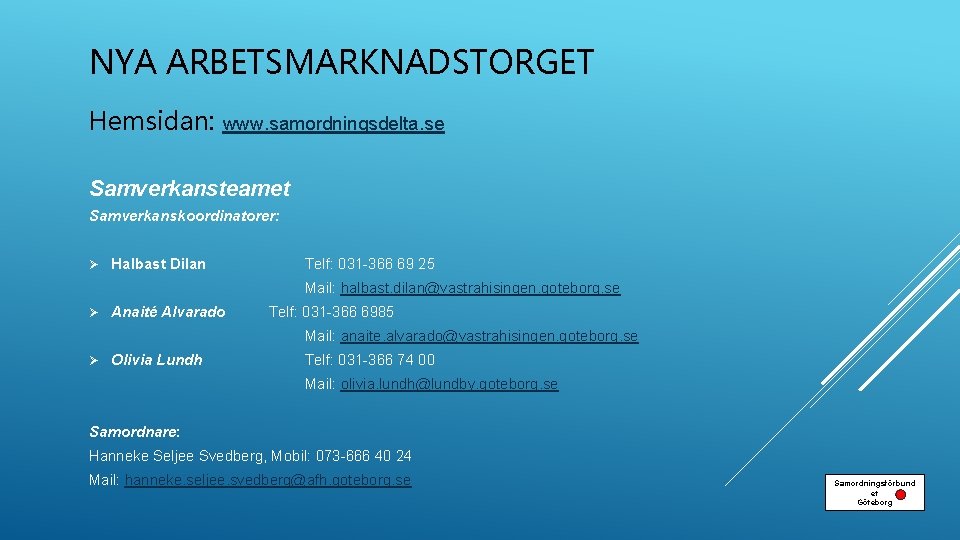 NYA ARBETSMARKNADSTORGET Hemsidan: www. samordningsdelta. se Samverkansteamet Samverkanskoordinatorer: Ø Halbast Dilan Telf: 031 -366