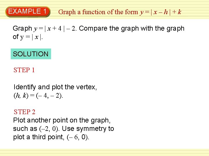 EXAMPLE 1 Graph a function of the form y = | x – h