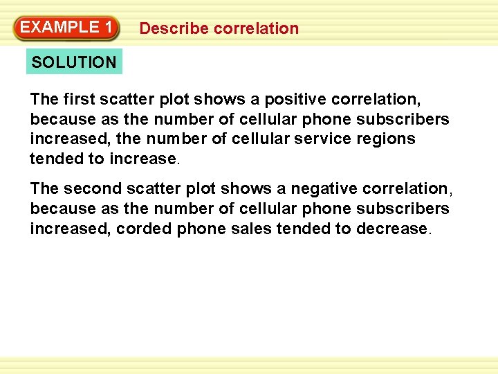 EXAMPLE 1 Describe correlation SOLUTION The first scatter plot shows a positive correlation, because