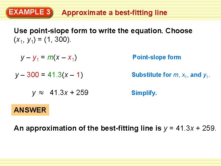 EXAMPLE 3 Approximate a best-fitting line Use point-slope form to write the equation. Choose