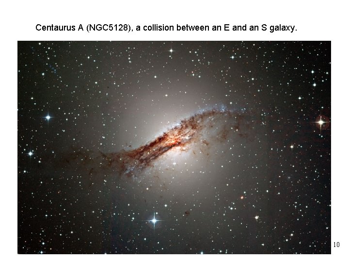 Centaurus A (NGC 5128), a collision between an E and an S galaxy. 10