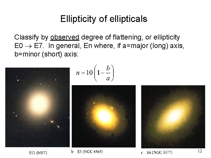 Ellipticity of ellipticals Classify by observed degree of flattening, or ellipticity E 0 E