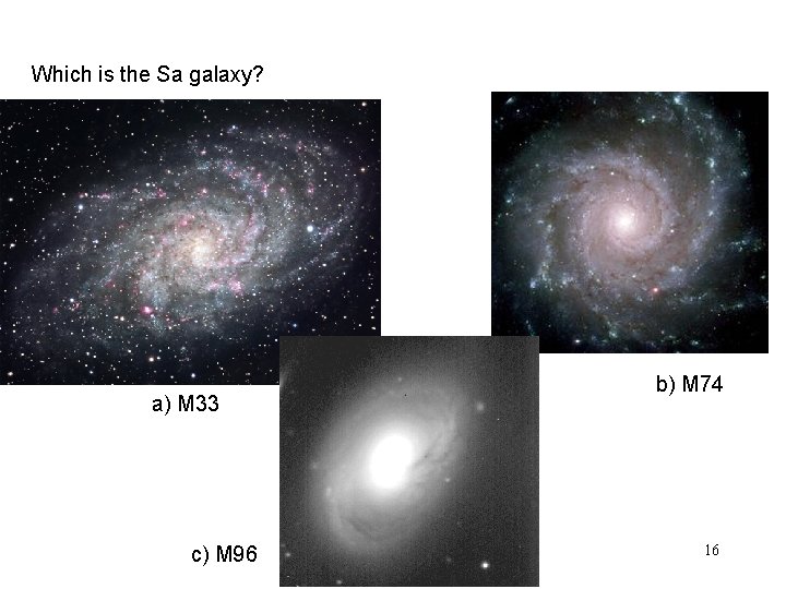 Which is the Sa galaxy? a) M 33 c) M 96 b) M 74