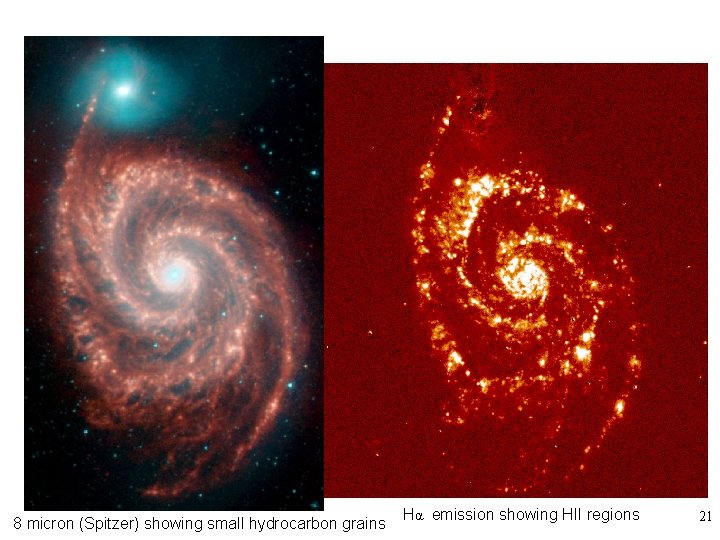 8 micron (Spitzer) showing small hydrocarbon grains Hα emission showing HII regions 21 