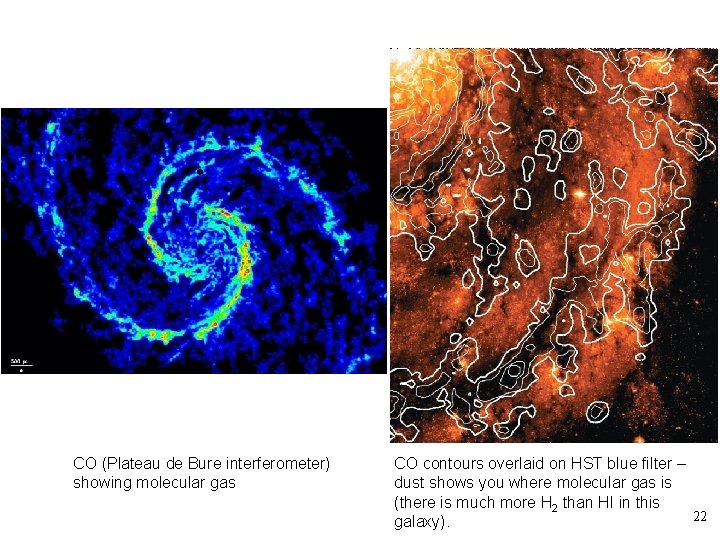 CO (Plateau de Bure interferometer) showing molecular gas CO contours overlaid on HST blue