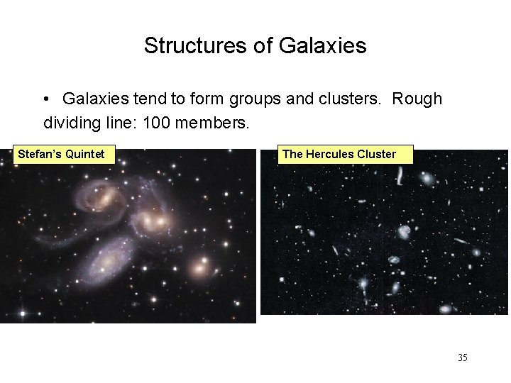 Structures of Galaxies • Galaxies tend to form groups and clusters. Rough dividing line: