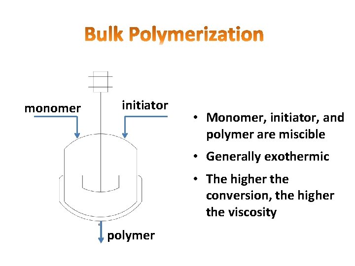 monomer initiator • Monomer, initiator, and polymer are miscible • Generally exothermic • The