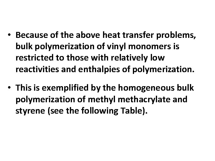  • Because of the above heat transfer problems, bulk polymerization of vinyl monomers