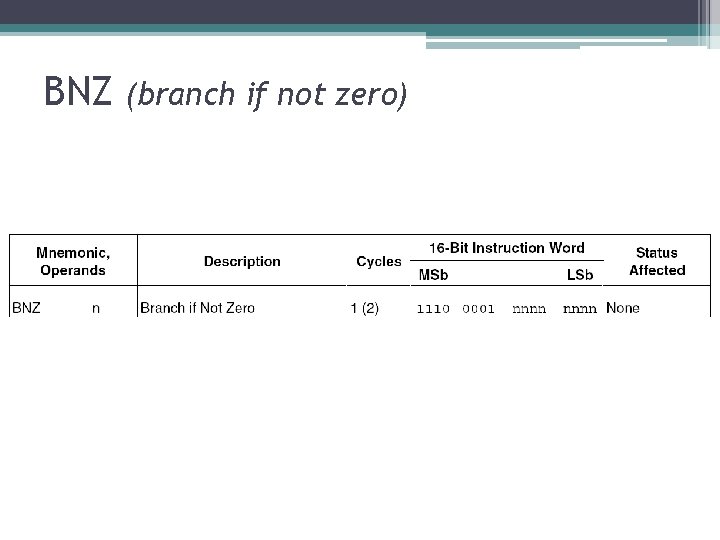BNZ (branch if not zero) BNZ (branch if not zero)
