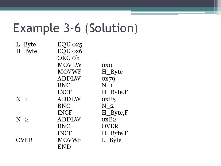 Example 3 -6 (Solution) L_Byte H_Byte N_1 N_2 OVER EQU 0 x 5 EQU Example 3 -6 (Solution) L_Byte H_Byte N_1 N_2 OVER EQU 0 x 5 EQU