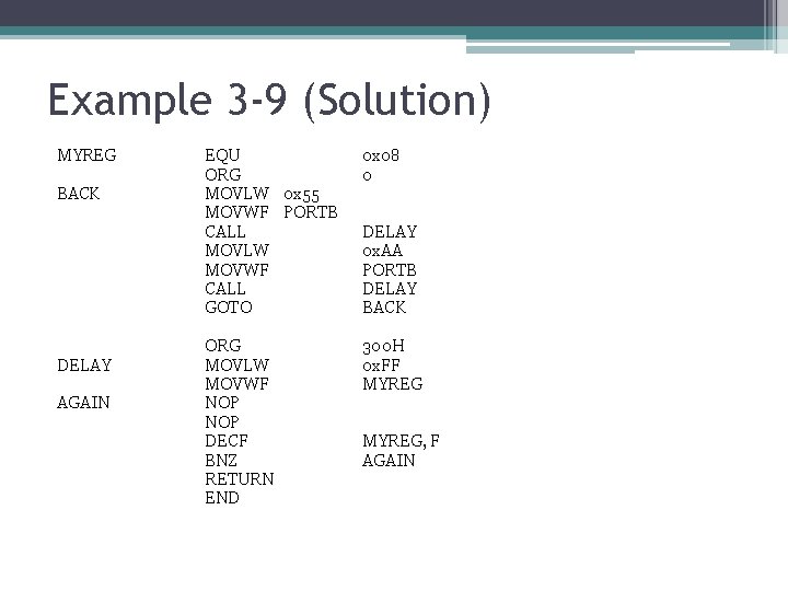 Example 3 -9 (Solution) MYREG BACK DELAY AGAIN EQU ORG MOVLW 0 x 55 Example 3 -9 (Solution) MYREG BACK DELAY AGAIN EQU ORG MOVLW 0 x 55