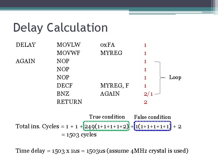 Delay Calculation DELAY AGAIN MOVLW MOVWF NOP NOP DECF BNZ RETURN 0 x. FA Delay Calculation DELAY AGAIN MOVLW MOVWF NOP NOP DECF BNZ RETURN 0 x. FA