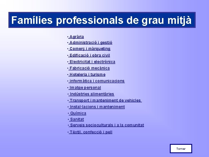 Famílies professionals de grau mitjà • Agrària • Administració i gestió • Comerç i