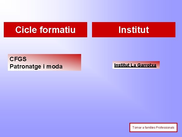 Cicle formatiu CFGS Patronatge i moda Institut La Garrotxa Tornar a famílies Professionals 