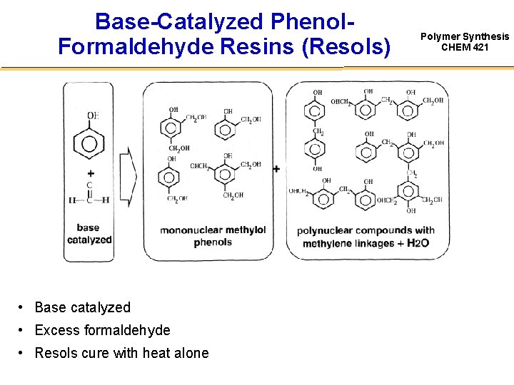 Base-Catalyzed Phenol. Formaldehyde Resins (Resols) • Base catalyzed • Excess formaldehyde • Resols cure