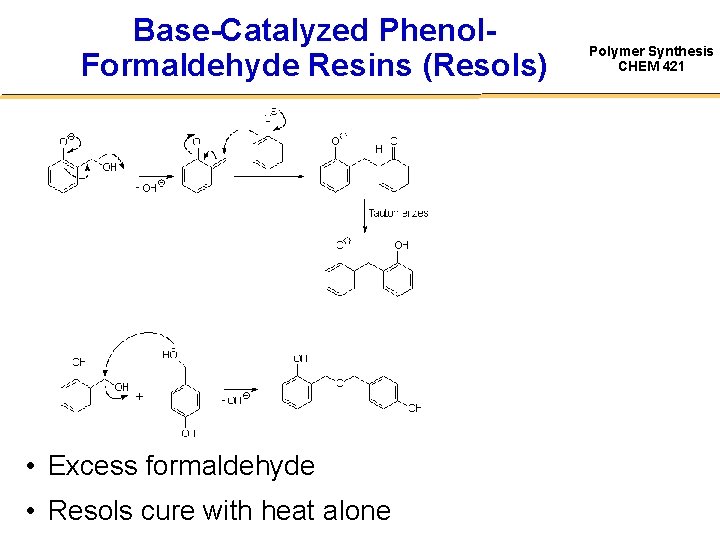 Base-Catalyzed Phenol. Formaldehyde Resins (Resols) • Excess formaldehyde • Resols cure with heat alone