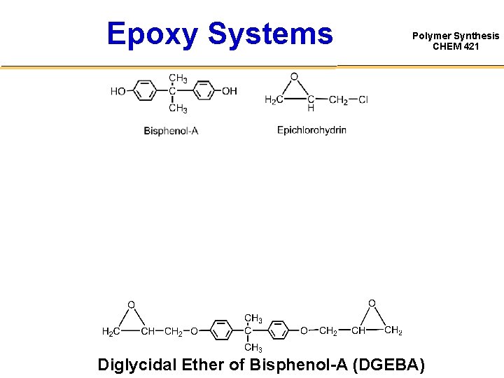 Epoxy Systems Polymer Synthesis CHEM 421 Diglycidal Ether of Bisphenol-A (DGEBA) 