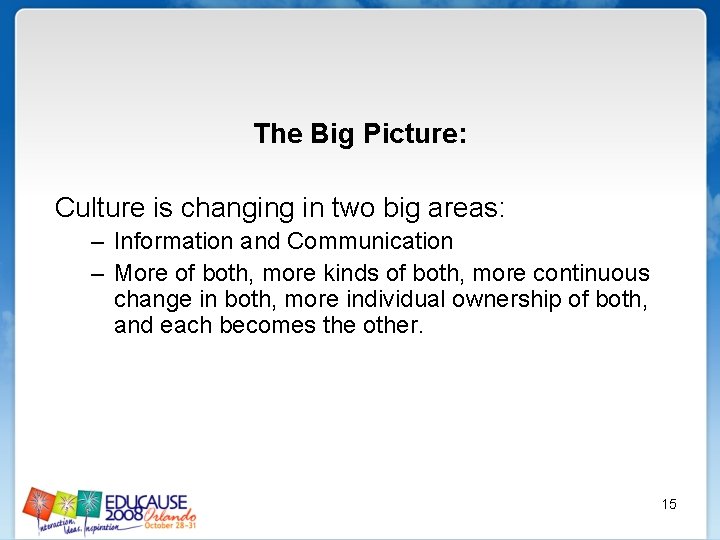 The Big Picture: Culture is changing in two big areas: – Information and Communication