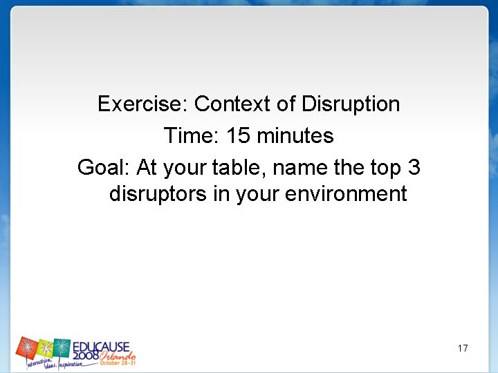 Exercise: Context of Disruption Time: 15 minutes Goal: At your table, name the top