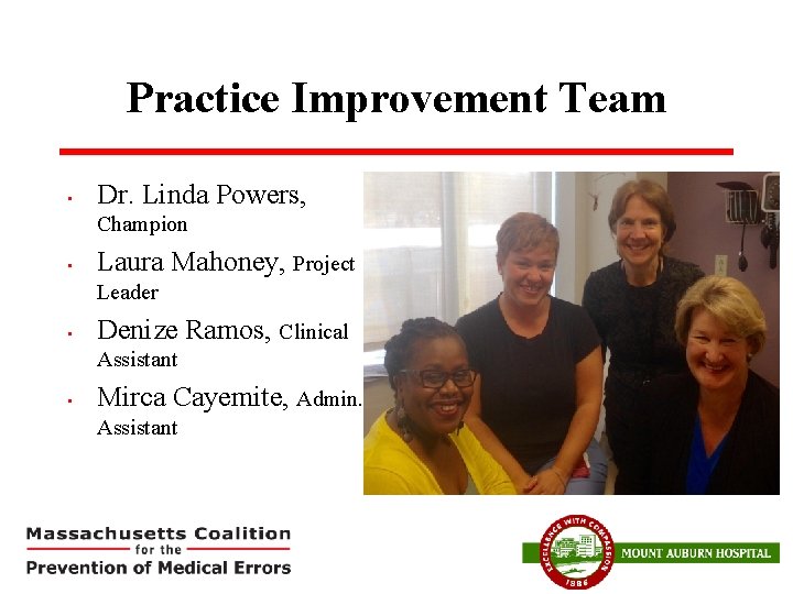 Practice Improvement Team • Dr. Linda Powers, Champion • Laura Mahoney, Project Leader •