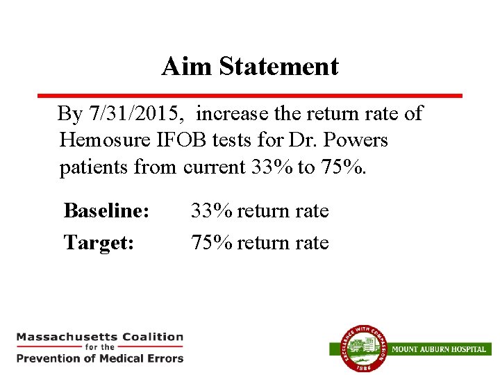 Aim Statement By 7/31/2015, increase the return rate of Hemosure IFOB tests for Dr.