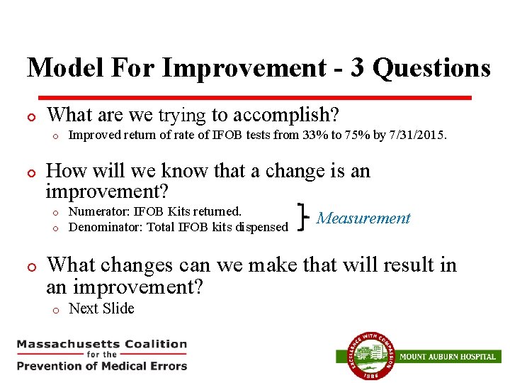 Model For Improvement - 3 Questions ¡ What are we trying to accomplish? ¡