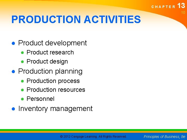 CHAPTER PRODUCTION ACTIVITIES 13 10 ● Product development ● Product research ● Product design