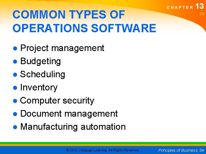 COMMON TYPES OF OPERATIONS SOFTWARE CHAPTER 13 20 ● Project management ● Budgeting ●