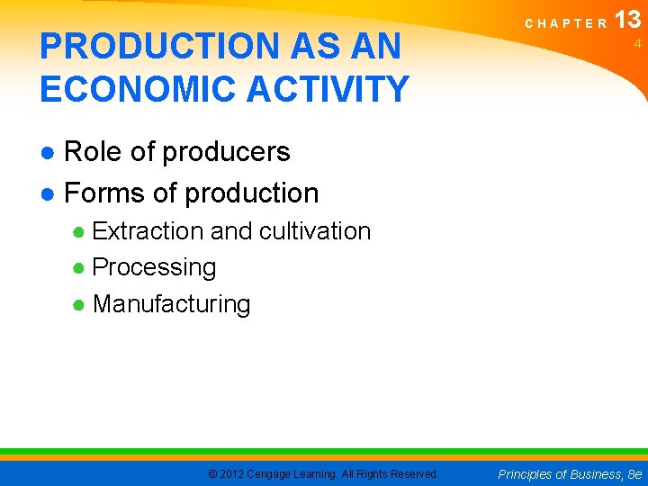 PRODUCTION AS AN ECONOMIC ACTIVITY CHAPTER 13 4 ● Role of producers ● Forms