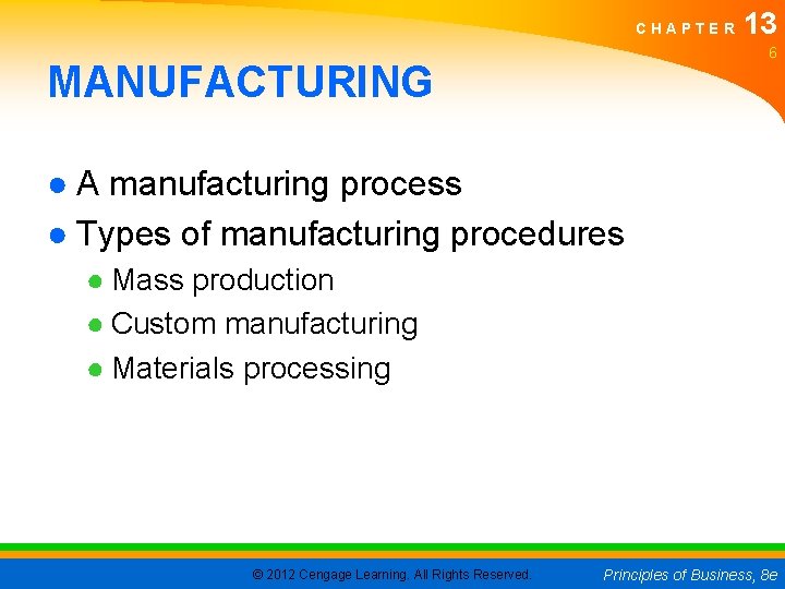 CHAPTER 13 6 MANUFACTURING ● A manufacturing process ● Types of manufacturing procedures ●