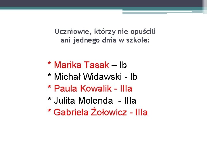 Uczniowie, którzy nie opuścili ani jednego dnia w szkole: * Marika Tasak – Ib