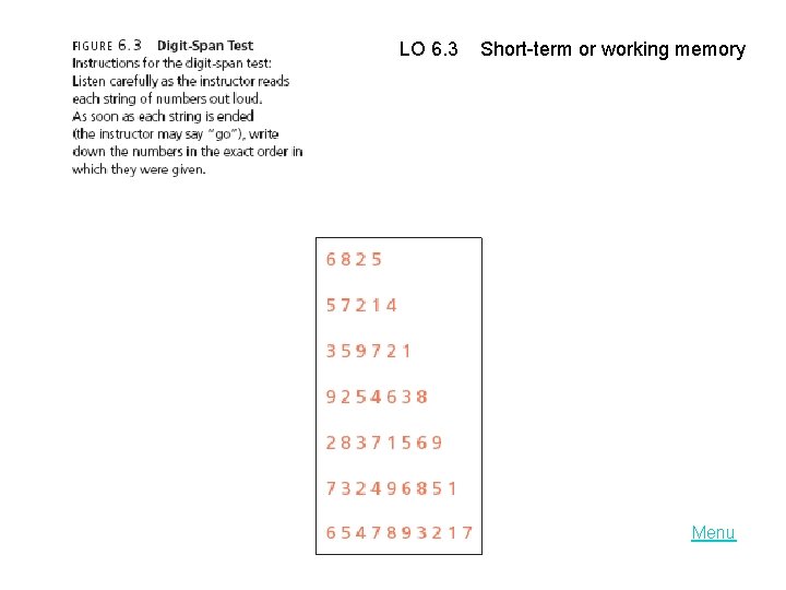 LO 6. 3 Short-term or working memory Menu 